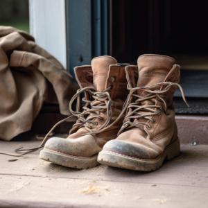 A pair of brown dusty boots sits on a porch. To the boots' right is a dusty brown coat